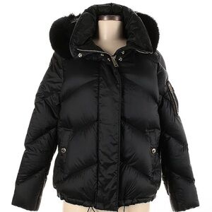 BURBERRY London Fur Collar Oversized Puffer Down Jacket Black Gold Hardware Med